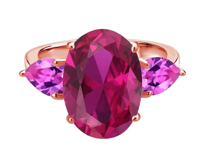 925 Silver Rose Gold Plated Created Ruby and Created Sapphire Three Stones Ring - Image 1 of 4