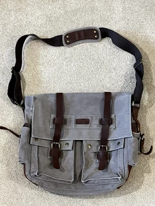 Kattee Leather Canvas Messenger Bag Shoulder Crossbody Bag Gray Brown - Picture 1 of 8