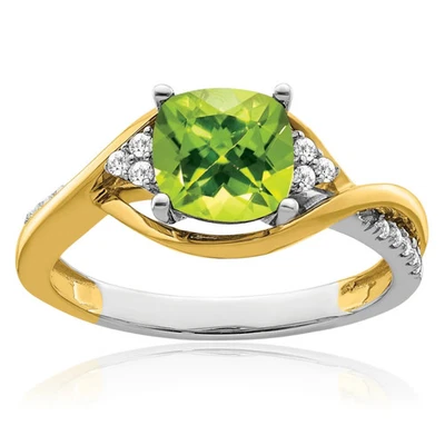 14K Solid Two Tone Gold Cushion-Cut Peridot Diamond Ring - Image 1 of 4