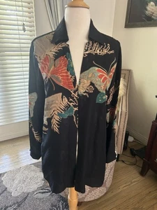 Citron Santa Monica black silk butterfly jacquard blouse size S (missing buttons - Picture 1 of 8