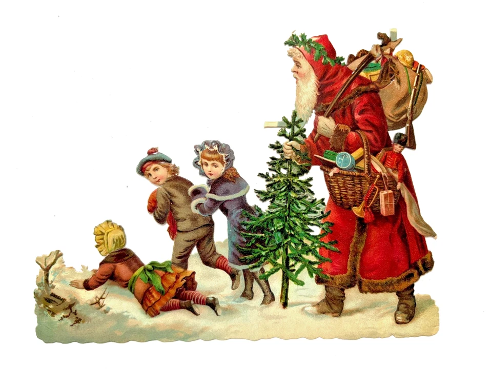 Troquelado grande vintage de Papá Noel con 3 niños y bolsa de juguetes * Foto 1 de 3