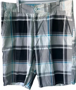 OP Ocean Pacific Men's Grey Blue Plaid 100% Cotton Bermuda Shorts Size 34X10.5 - Picture 1 of 11