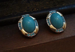 Orecchini vintage con clip ovale turchese e oro - Foto 1 di 5