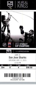 San Jose Sharks vs Los Angeles Kings 4/11/2015 Full Ticket - Anze Kopitar