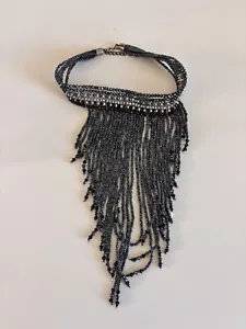 Vintage Saatperlen Fransen Halsband dunkelblau Latz Halskette Statement Ethno Boho - Bild 1 von 6