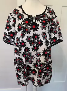 KOI Womens Scrub TOP Short Sleeve BLACK Gray Red White Floral Size 2X - Picture 1 of 6