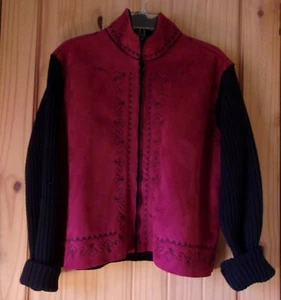 Coldwater Creek Dk Red & Black Faux Suede Fleece-lined Sweater Jacket, Women's L - Picture 1 of 5