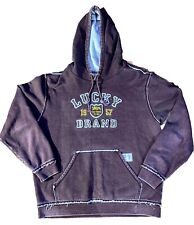 Vintage Lucky Brand Distressed Brown Pullover Sweat Shirt Hoodie Embroidered