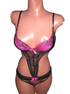 Body Rage 1Pc Hot Pink Black Lace Corset Wench Bra & Apron sz Small - Picture 1 of 2