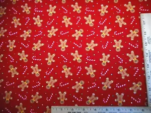 Christmas Quilt Fabric By Yard Gingerbread Men & Candy Canes on Red Cotton #39 - Picture 1 of 2
