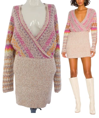 Vestido tipo jersey Free People Forever Fair Isle rosa imitación envoltura acanalada falda tejida BNWT XS Foto 1 de 4