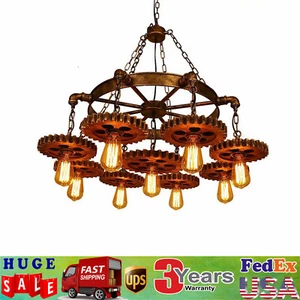 9-Head Rustic Ceiling Light Pendant Lamp Fixture Steampunk Gear Chain Chandelier - Picture 1 of 5