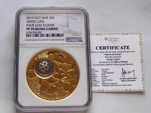 Moneda de plata dorada de trébol de cuatro hojas buena suerte NGC PF70 Niue 2013 buena suerte - Imagen 1 de 5