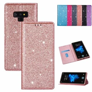 Glitter Flip Card Case For Samsung S6 S7 Edge S8 S9+ S10 E Magnetic Stand Covers - Picture 1 of 17