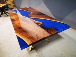 Blue Epoxy Resin Conference Meeting Desk, Live Edge Wooden Dining Table Decor - Picture 1 of 9