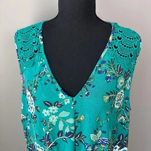 NWT Daniel Rainn Women Tank Top 1X Teal Floral Crochet Flowy Cottage Romantic - Picture 1 of 7