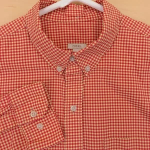 Fossil Shirt Mens Large Red Beige Button Up Long Sleeve Check Casual Cotton - Picture 1 of 12