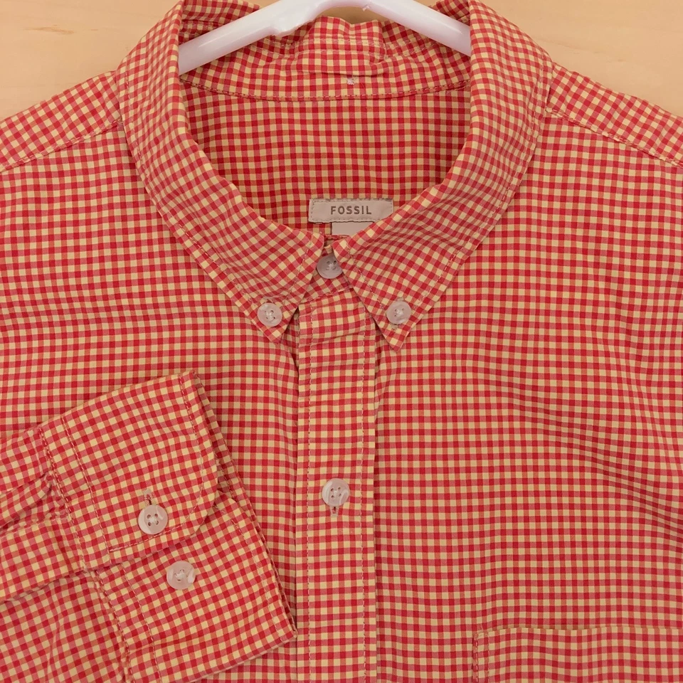 Fossil Shirt Mens Large Red Beige Button Up Long Sleeve Check Casual Cotton - Image 1 of 4