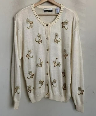 Cárdigan Dana Scott Vintage Crema Cuentas Suéter Oro Diseño Bola Botones Talla M Foto 1 de 4