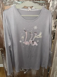 Camiseta gráfica manga larga HUE - Flamencos navideños - Talla 2X ropa de salón cómoda - Imagen 1 de 8