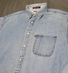 VINTAGE Retro Tommy Hilfiger Jeans Denim Shirt Mens Large L Blue Cotton 90s - Picture 1 of 10