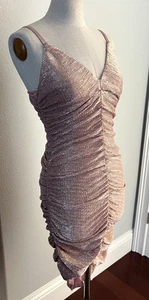 Women Rose Gold Metallic Glitter Ruched Dress Evening Party Sexy Dress STRETCHES - Picture 1 of 14