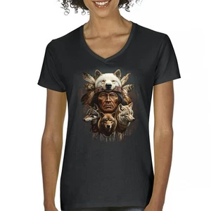 Native American Wolf Chief Women's V-Neck T-shirt Headdress Warrior Totem Tee - Picture 1 of 71
