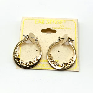 Ear Sense Gold Tone Filigree Hoop Earrings Nickel Free Hypoallergenic Sensitive - Picture 1 of 4