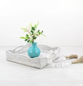 Tight Woven Waved Edge Square Rattan Tray w Handle, Luxury Home Decor, Whitewash - Picture 1 of 3