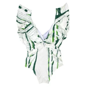 DIARRABLU Nabu Exaggerated Ruffle One-Piece Swimsuit Sz Small Cheeky Green White - Picture 1 of 4