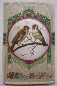 Birds silk inset embossed New Year postcard *S21 - Picture 1 of 2