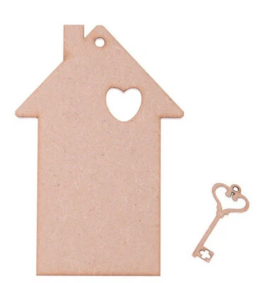 AMBROSIA CRAFTS MDF Madera Casa Forma con Forma de Llave Nuevo Hogar Artesanía Blanco Etiquetas Set de 5 de cada una