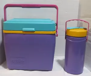 Vintage Thermos Personal Cooler 7708 Color Block Purple Pink Yellow & Water Jug - Picture 1 of 23
