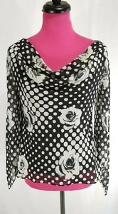 JS Collection Blouse Size 8 Womens Black Off White Polka Dot Floral Cowl Neck - Picture 1 of 6
