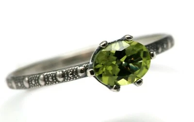 Oval AA Grade Peridot Ring Beaded Skinny Band 925 Sterling Silver E-W Sizes 3-8 - Image 1 of 4