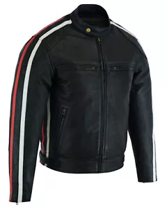 Chaqueta clásica para hombre británica de cuero de cera negra motocicleta ciclista roja blanca a rayas - Imagen 1 de 6