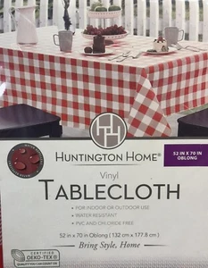 Huntington Home Red & White Checkered Vinyl Tablecloth 52" x 70" Oblong Picnic - Picture 1 of 3
