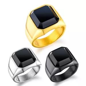 Anillo de compromiso plateado de acero inoxidable enchapado en oro ágata negra para hombre talla 7-12 - Imagen 1 de 11