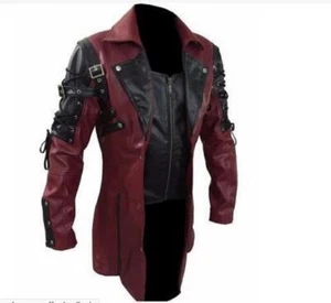 Coat Goth Trench New Men Steampunk Gothic Faux Leather Jacket Nightclub Cosplay - Picture 1 of 11