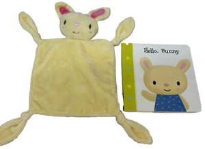 Hello Bunny Rabbit Yellow Plush Lovey Board Book Security Blanket Set Knotted - Picture 1 of 8
