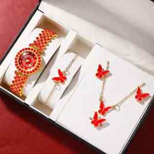 Montre de luxe femme collier boucles d'oreilles papillon rouge strass mode montre-bracelet