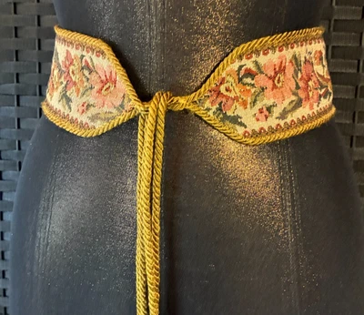 Vintage TAPESTRY FABRIC TIE BELT Fits 36-46" XL Gold Victorian CottageCore Boho - Image 1 of 4