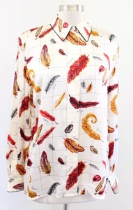 NWT Vtg 90s Starington Silk Bird Feathers Print Button Front Blouse Size 8 Cream - Picture 1 of 7