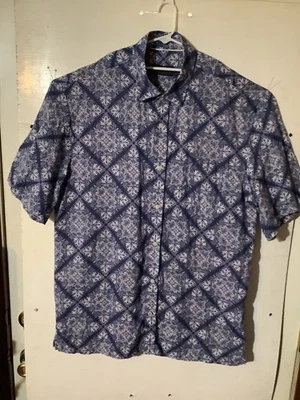 Bobby Jones 100% Linen  - Men's 2XL Blue & White Medallion SS Shirt - Image 1 of 4