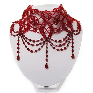 Stunning Hot Red Wide Beaded Choker (Silver Tone Metal) - Picture 1 of 4