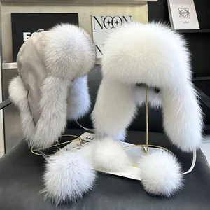 Cappello in pelle fuzzy invernale caldo Ushanka berretto da sci vera fattoria pelliccia di volpe bomber - Foto 1 di 33