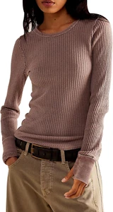 Women'S Waffle Knit Tops Long Sleeve Shirts Casual Slim Fitted Crew Neck Pullove - Picture 1 of 12