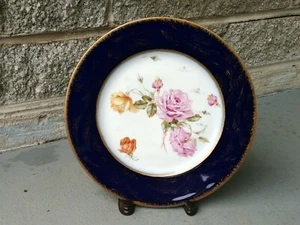 Charles Ahrenfeldt Limoges France Higgins & Seiter Cobalt Rim Plate w/ Roses #3 - Picture 1 of 7