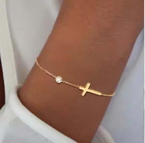 Women Girl 14K Gold Plated Stainless Steel Cross CZ Chain Bracelet - Picture 1 of 10