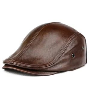 Genuine Leather Peaked Mens Cap Winter Warm Cowhide Baseball Cap Beret Hat Retro - Picture 1 of 14